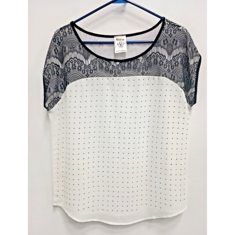 Vocal Womens Fairy Grunge Top Large Black White Lace Studded Short Sleeve Casual